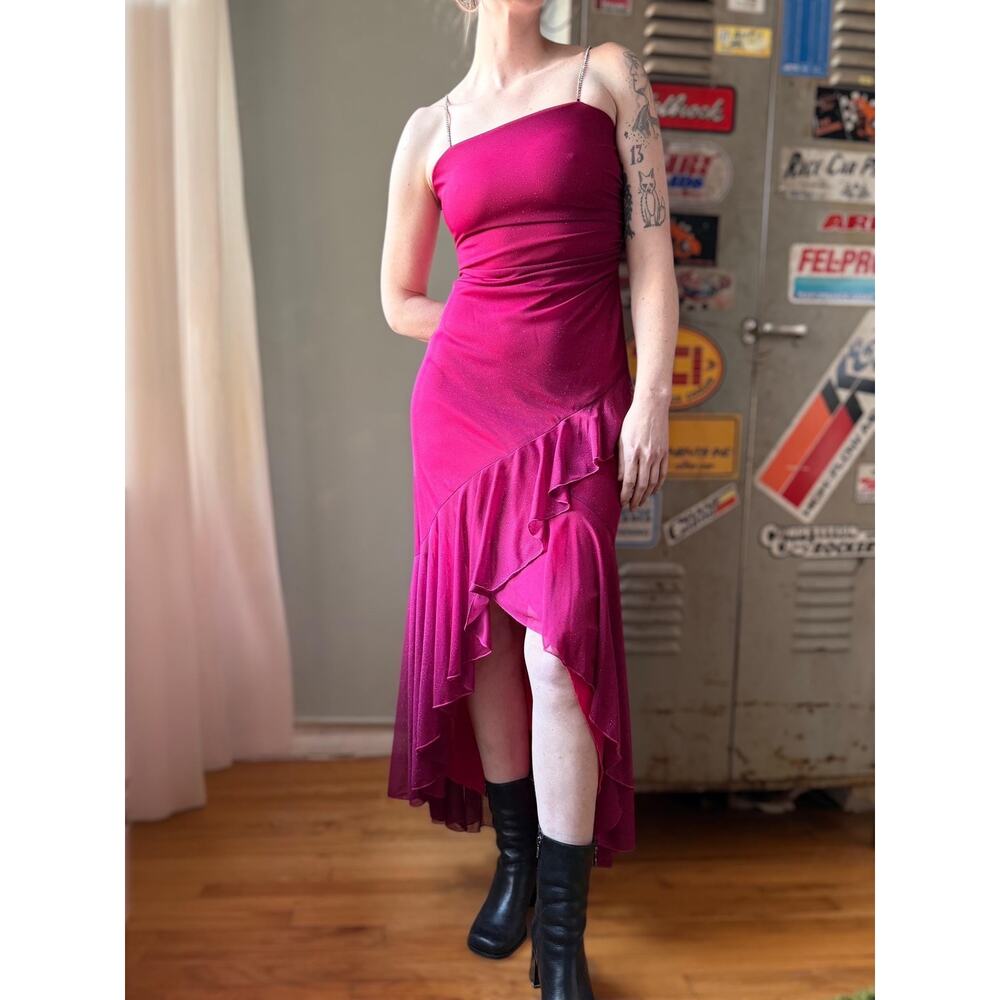 Vintage Y2K Magenta Mermaid Prom Dress | Pink Glitter Gown | Mesh Ruffle | XS - Picture 2 of 11